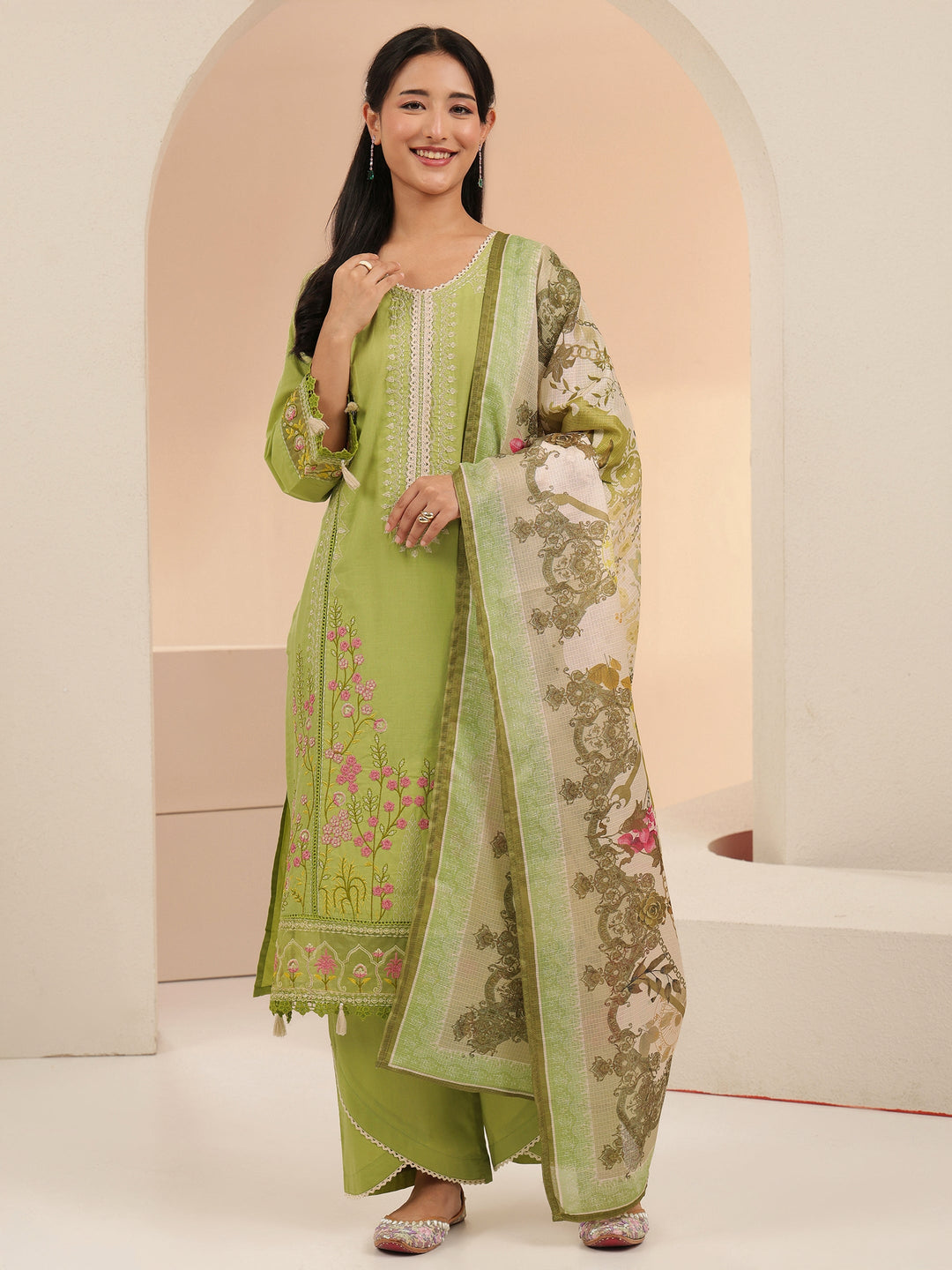 Libas Fern Green Floral Embridered Cotton Straight Suit Set