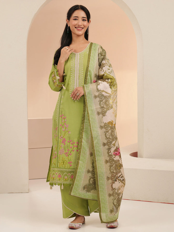 Libas Fern Green Floral Embridered Cotton Straight Suit Set
