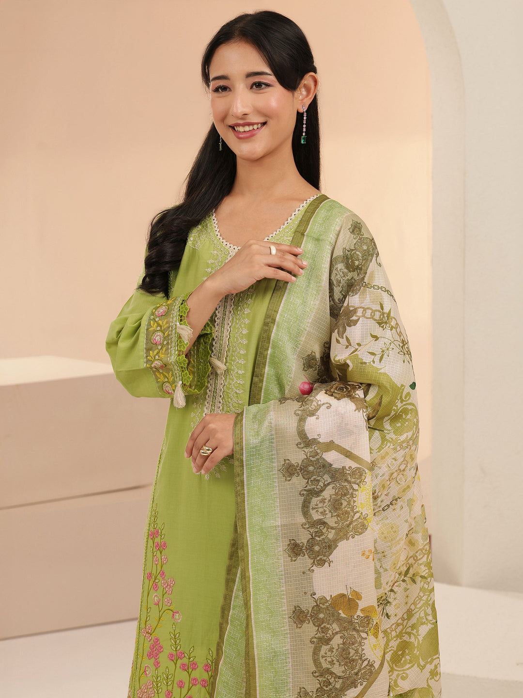 Libas Fern Green Floral Embridered Cotton Straight Suit Set