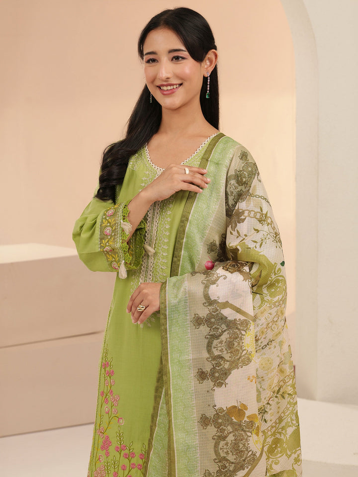 Libas Fern Green Floral Embridered Cotton Straight Suit Set
