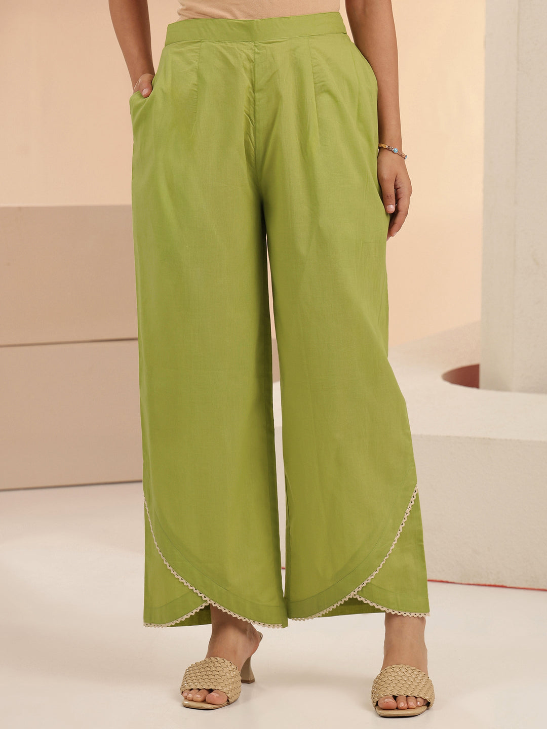 Libas Fern Green Floral Embridered Cotton Straight Suit Set