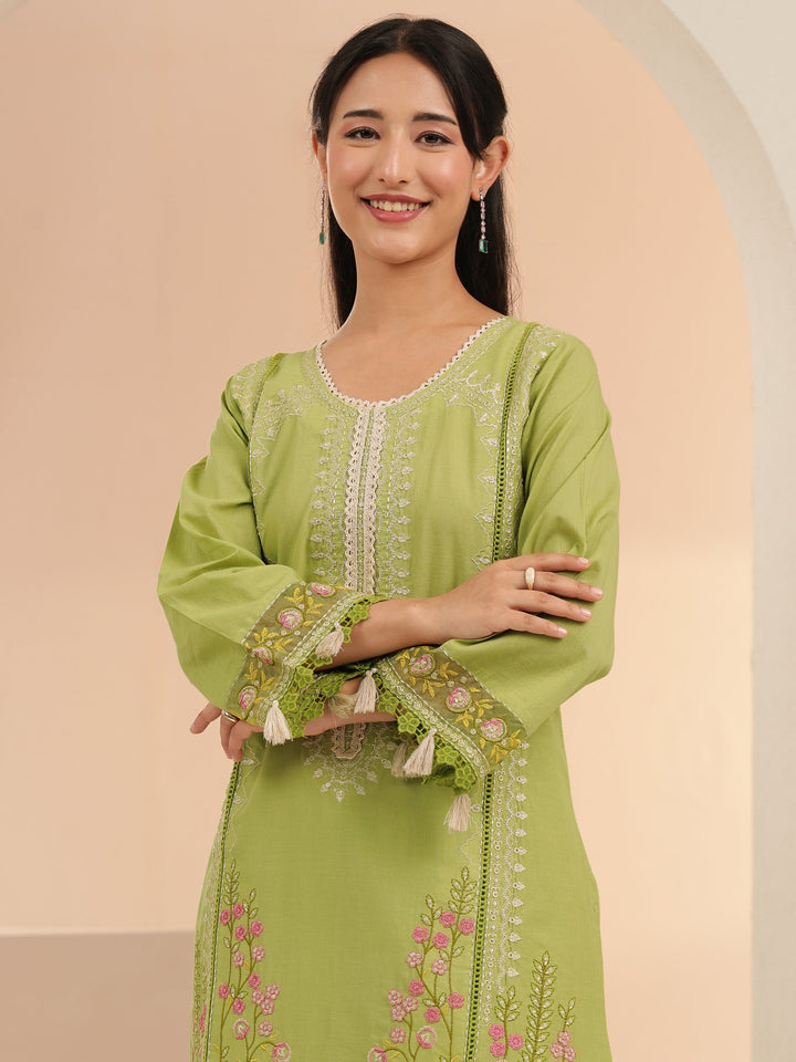 Libas Fern Green Floral Embridered Cotton Straight Suit Set