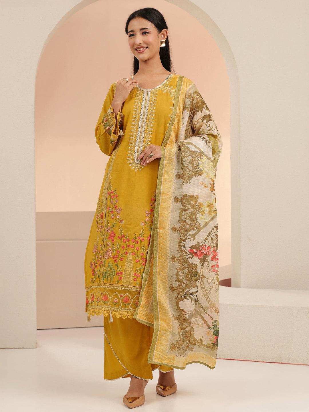 Libas Mustard Floral Embridered Cotton Straight Suit Set