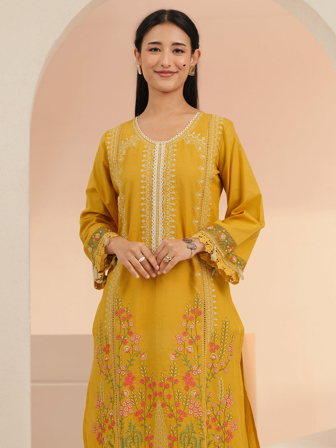 Libas Mustard Floral Embridered Cotton Straight Suit Set