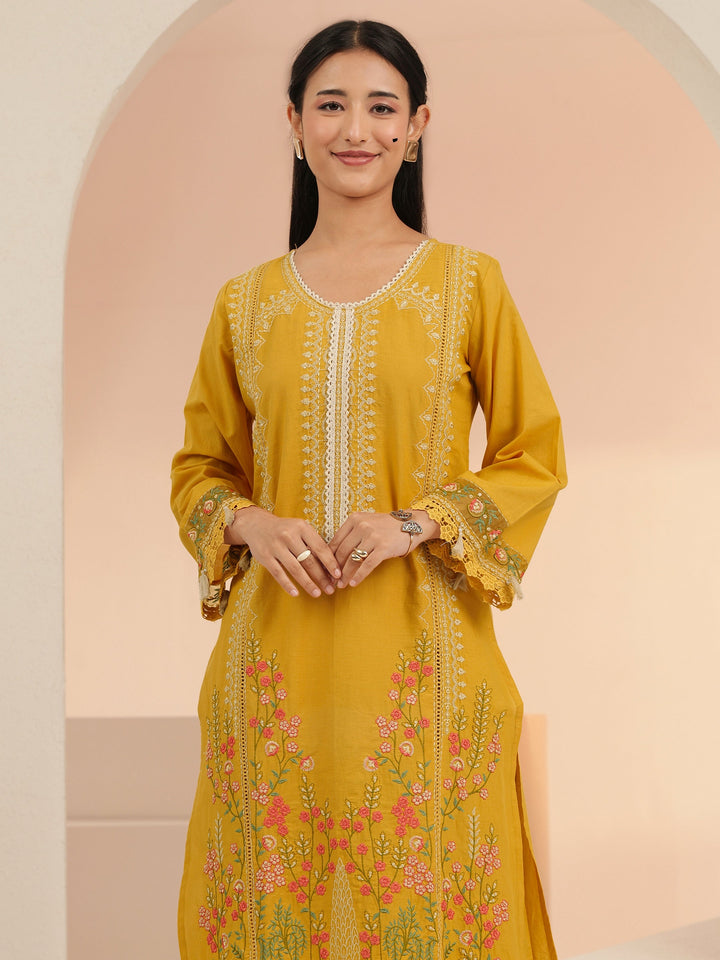 Libas Mustard Floral Embridered Cotton Straight Suit Set