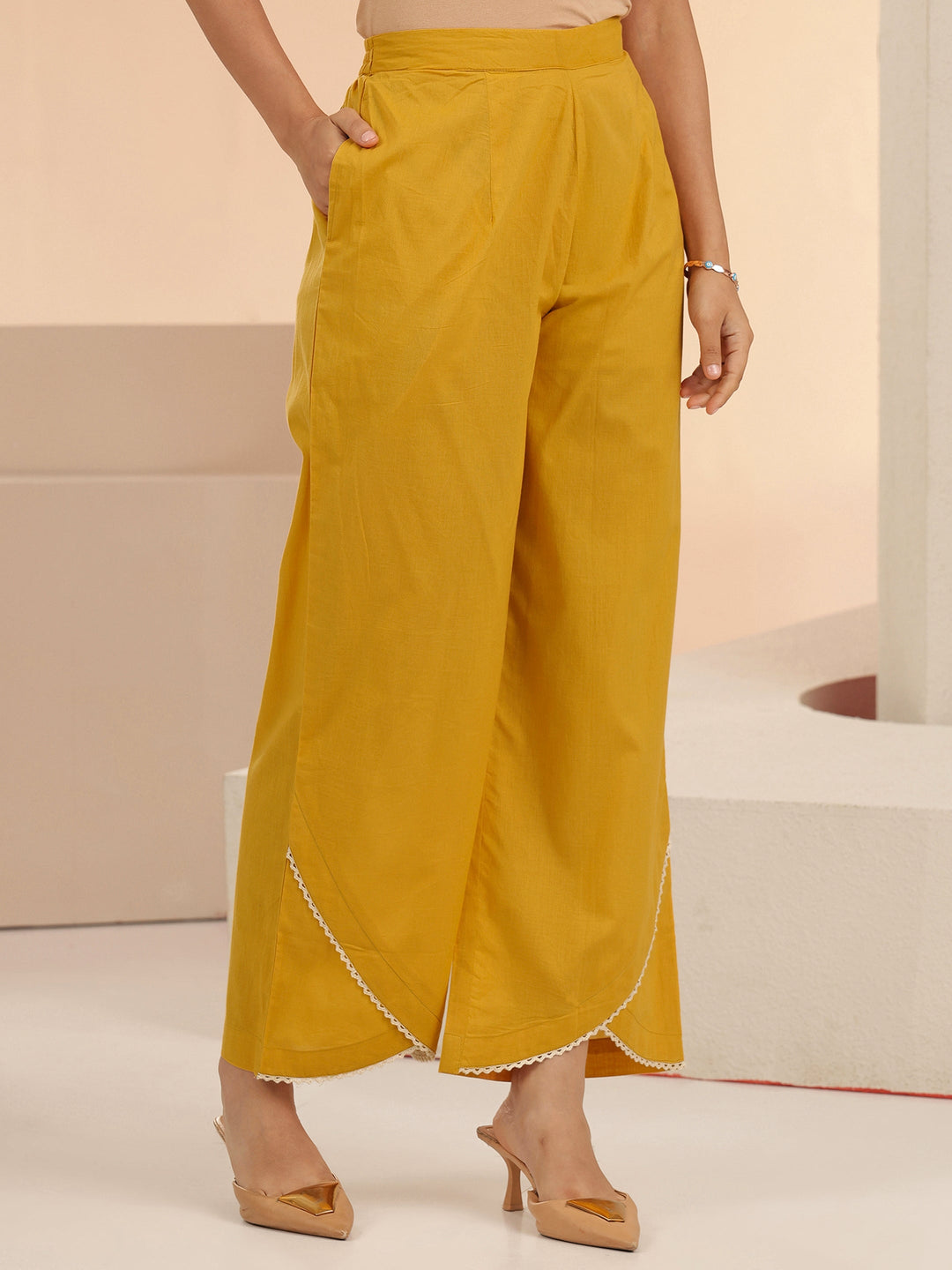 Libas Mustard Floral Embridered Cotton Straight Suit Set