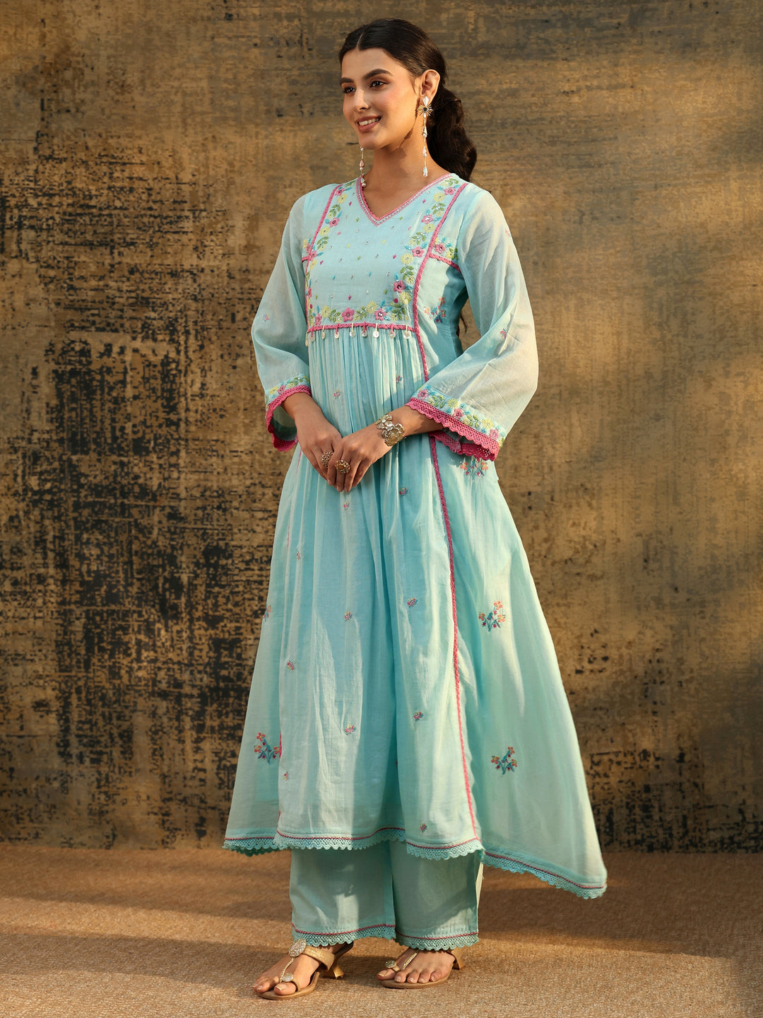 Libas Baby Blue Floral Embroidered Cotton Anarkali Suit Set