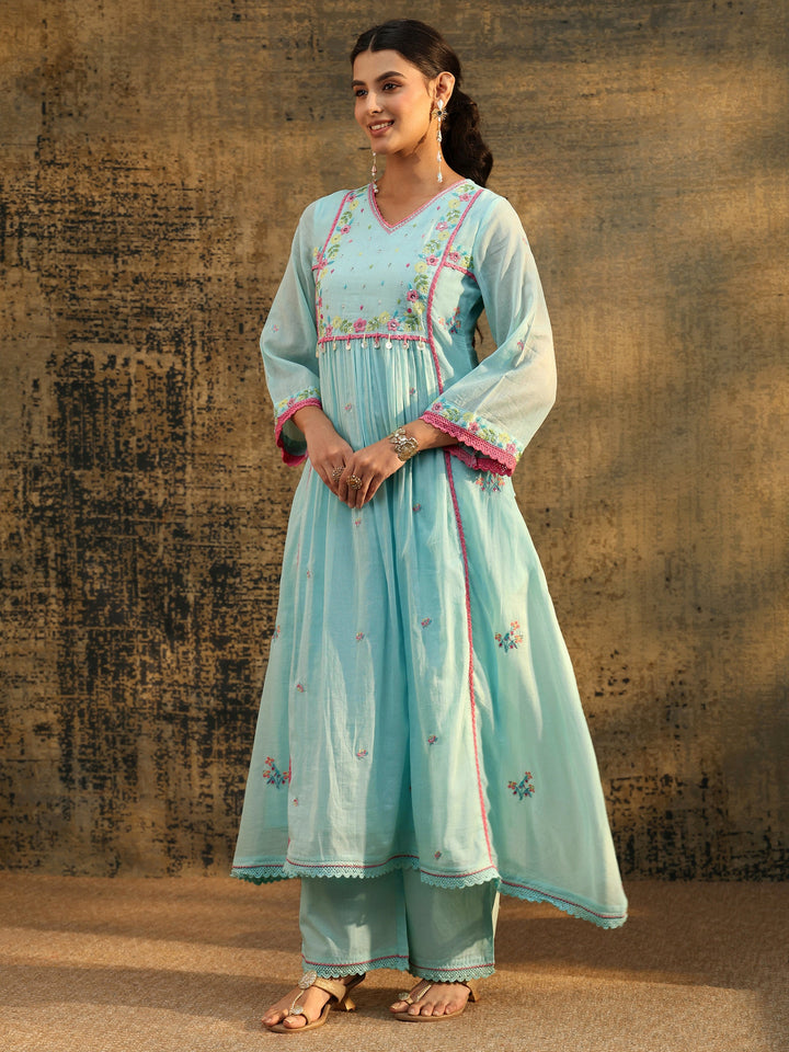 Libas Baby Blue Floral Embroidered Cotton Anarkali Suit Set