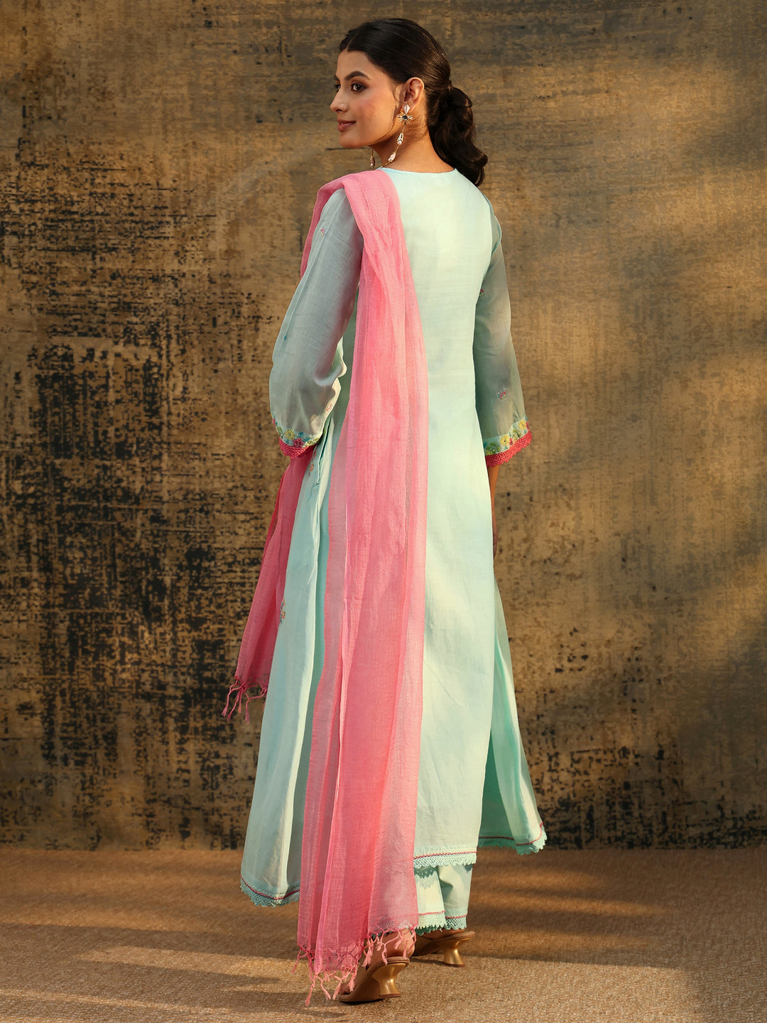 Libas Baby Blue Floral Embroidered Cotton Anarkali Suit Set