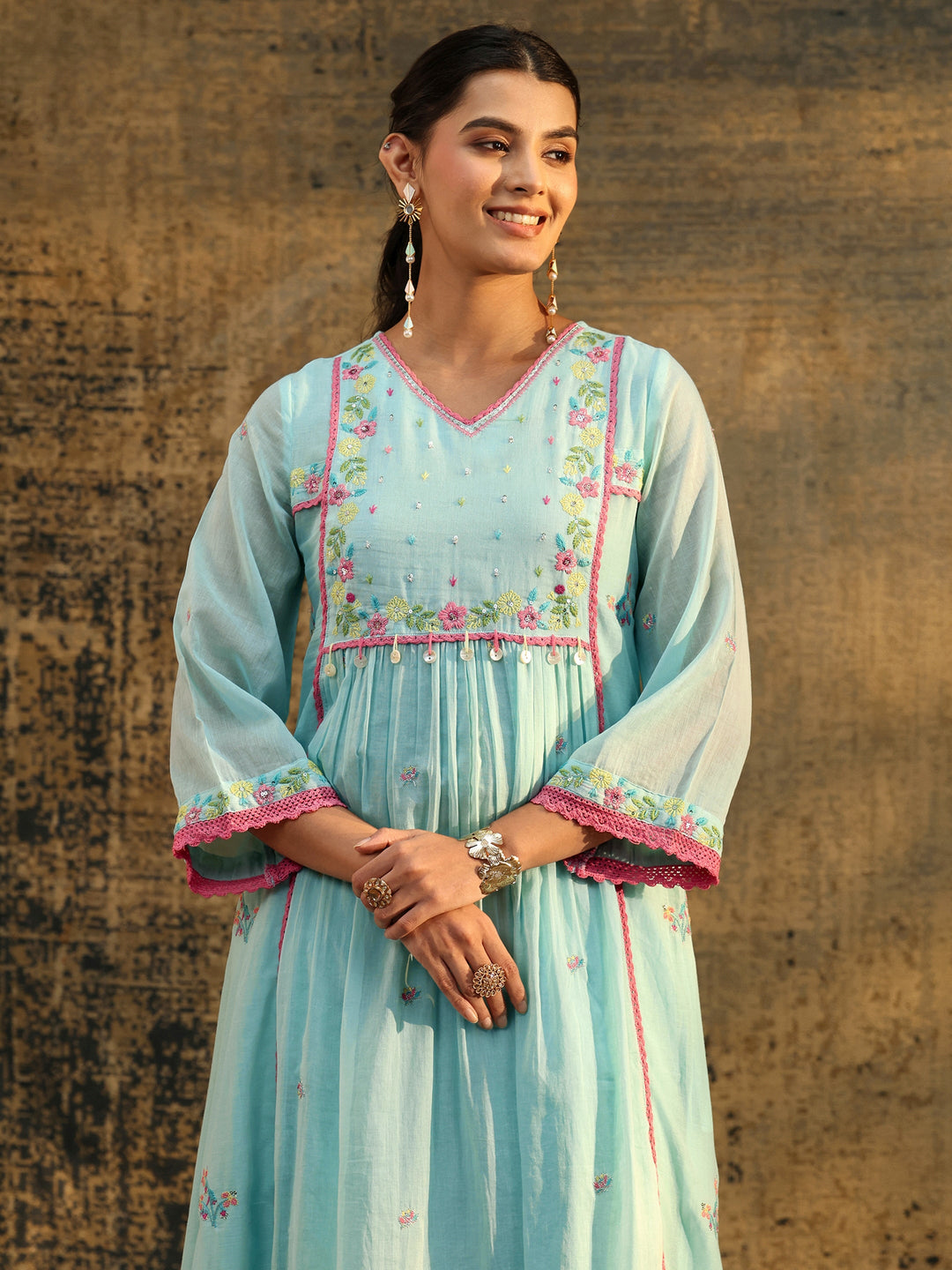 Libas Baby Blue Floral Embroidered Cotton Anarkali Suit Set