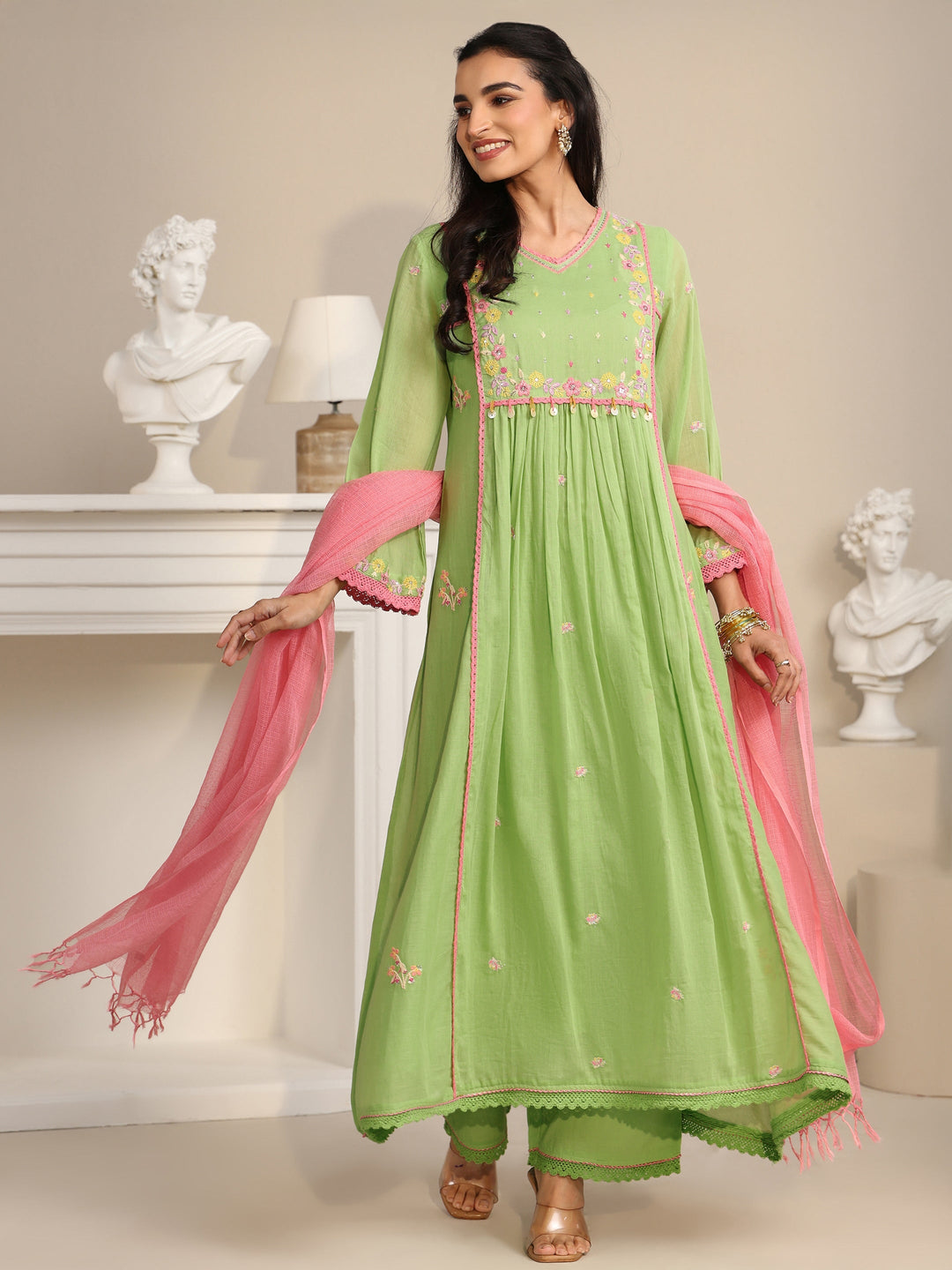 Libas Pista Green Floral Embroidered Cotton Anarkali Suit Set