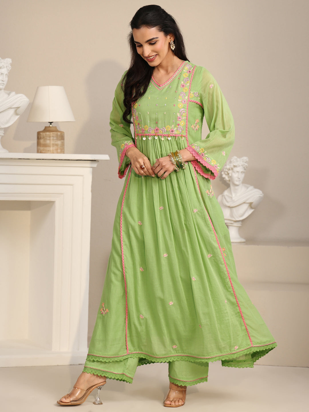 Libas Pista Green Floral Embroidered Cotton Anarkali Suit Set