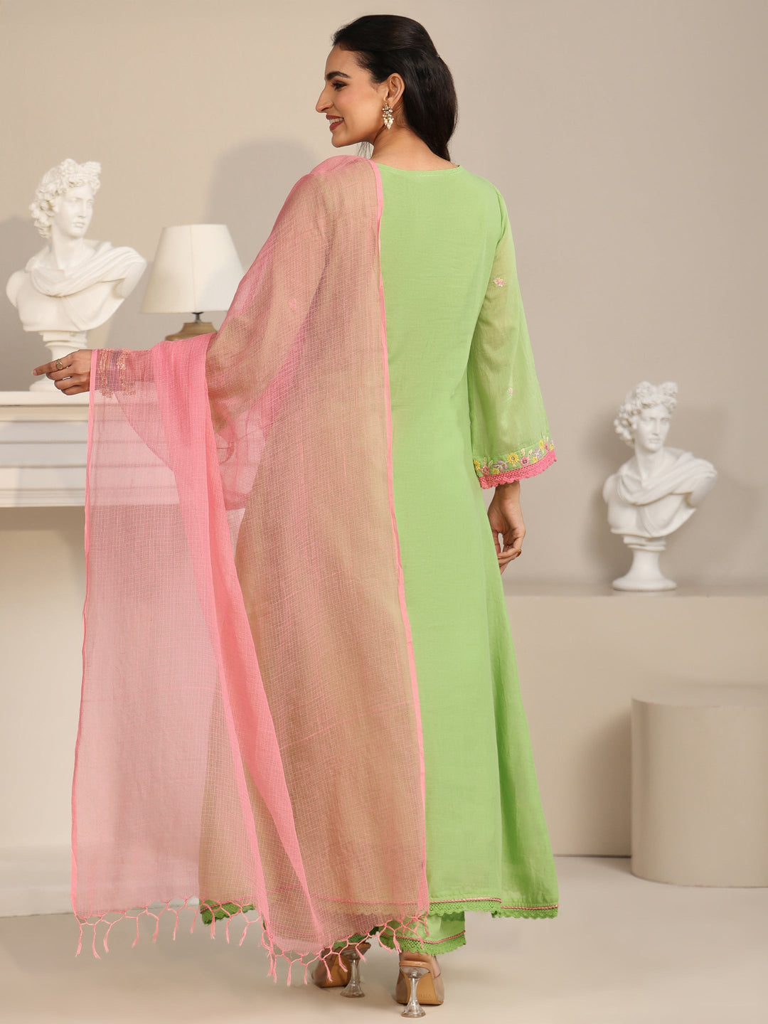 Libas Pista Green Floral Embroidered Cotton Anarkali Suit Set