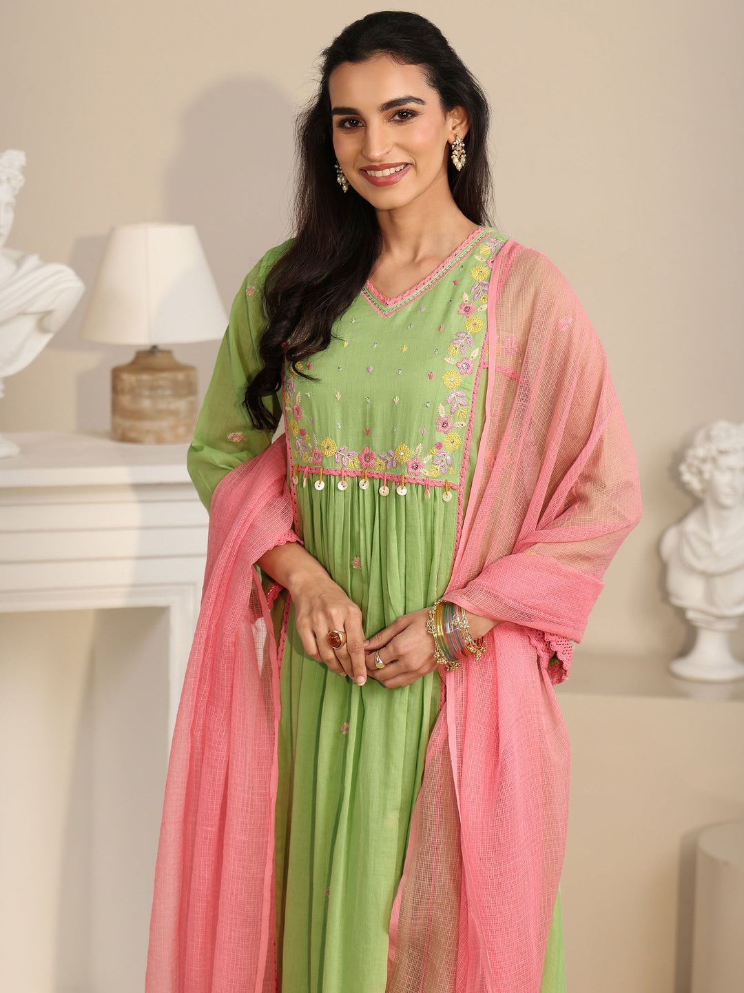 Libas Pista Green Floral Embroidered Cotton Anarkali Suit Set