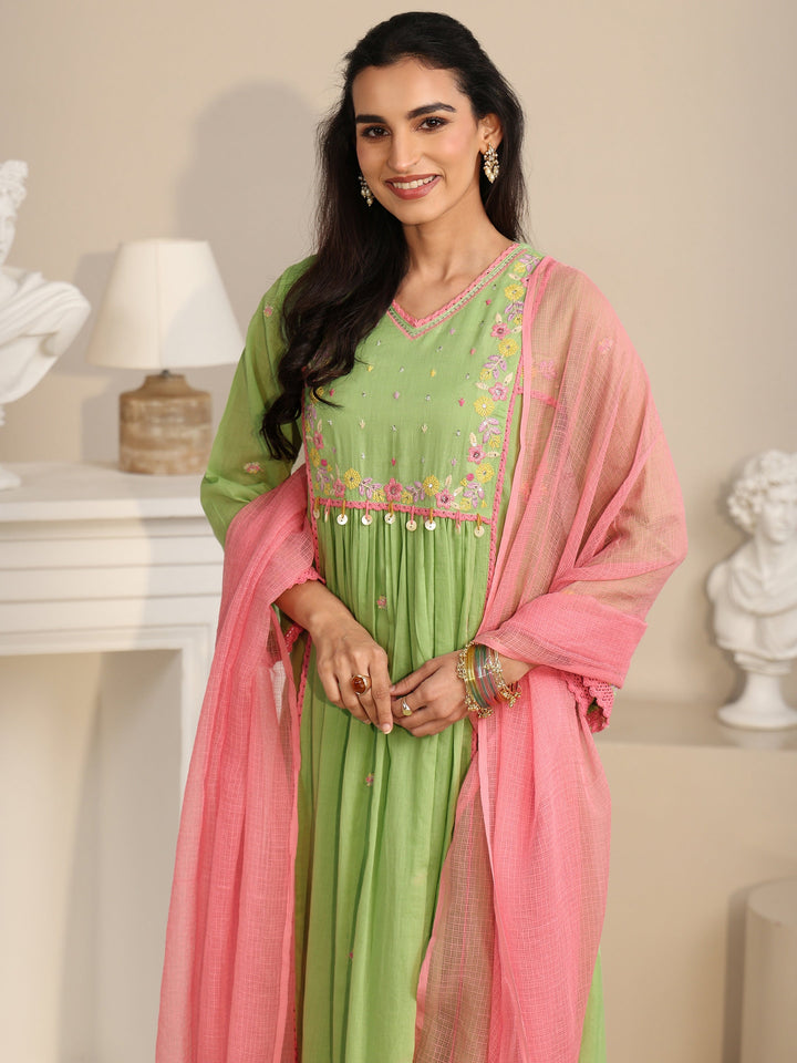 Libas Pista Green Floral Embroidered Cotton Anarkali Suit Set