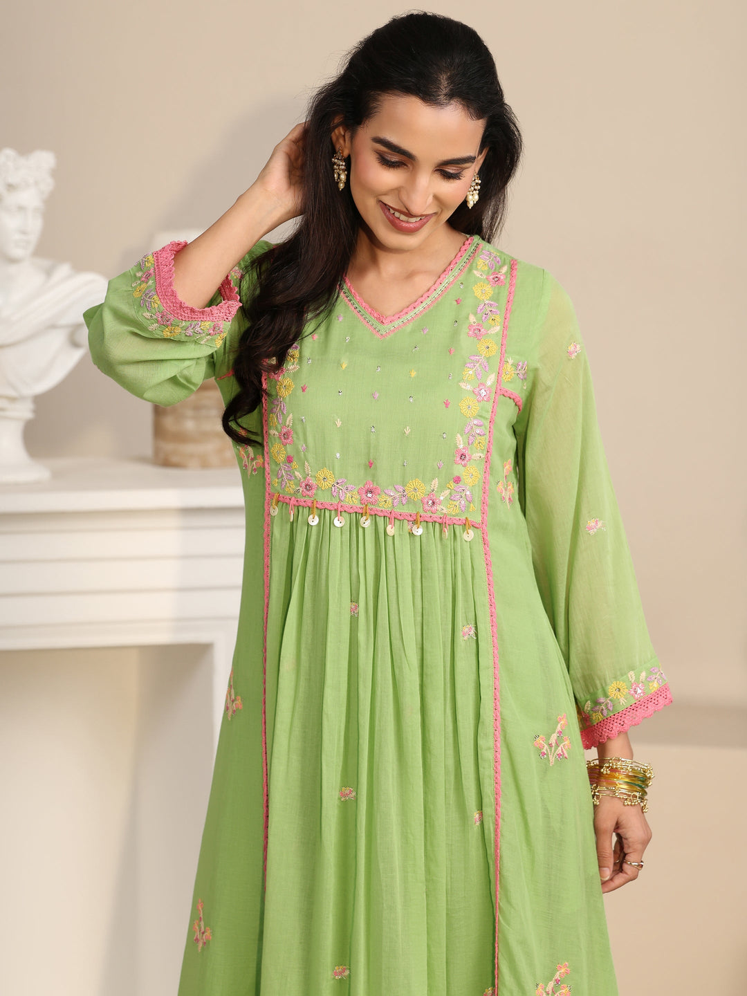 Libas Pista Green Floral Embroidered Cotton Anarkali Suit Set