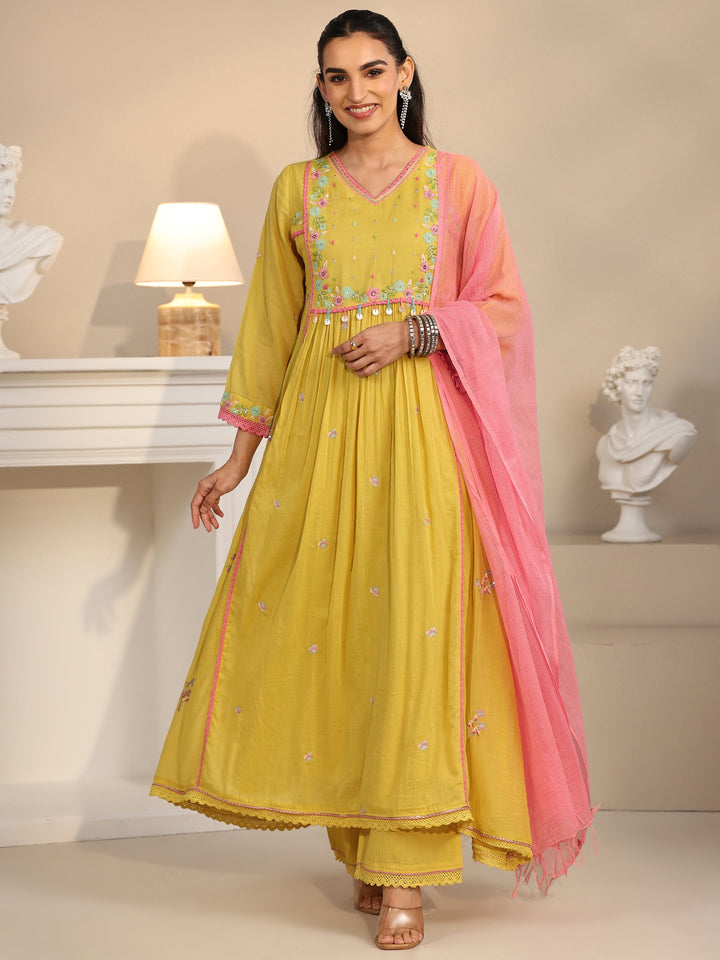 Libas Daffodil Yellow Floral Embroidered Cotton Anarkali Suit Set