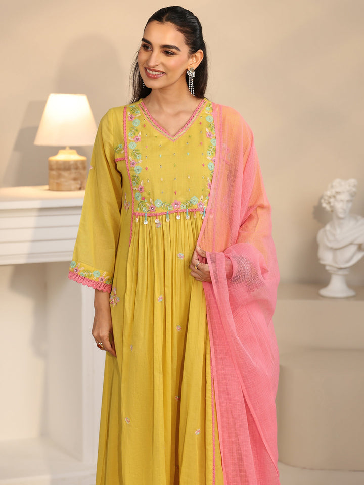 Libas Daffodil Yellow Floral Embroidered Cotton Anarkali Suit Set