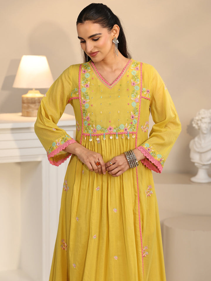 Libas Daffodil Yellow Floral Embroidered Cotton Anarkali Suit Set