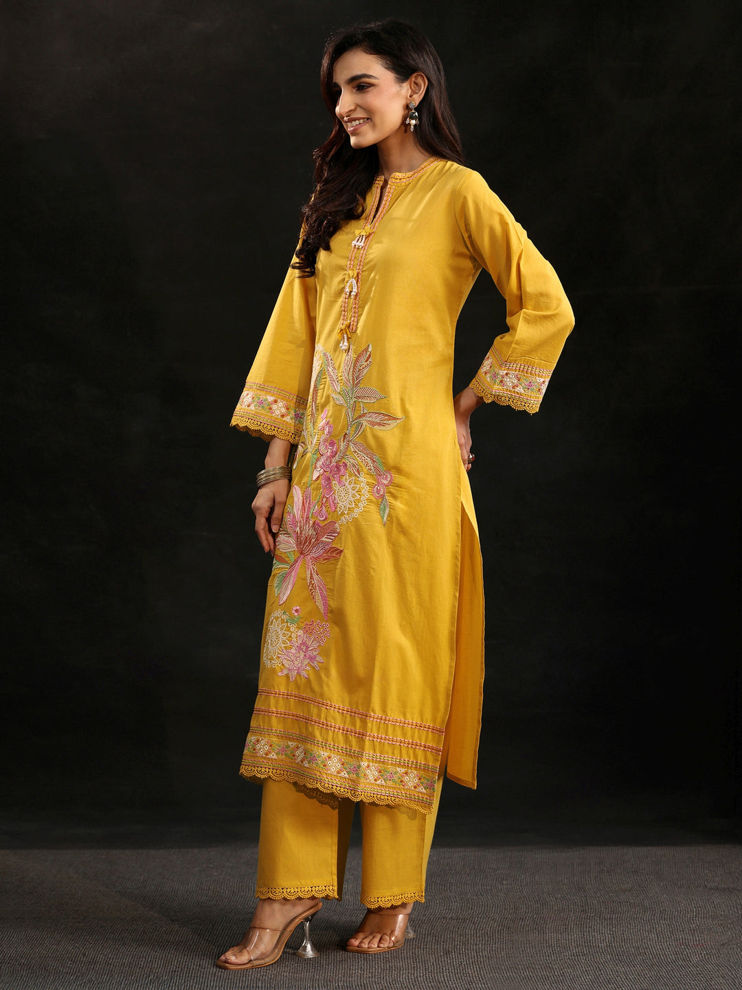 Libas Mustard Floral Embroidered Cotton Straight Suit Set