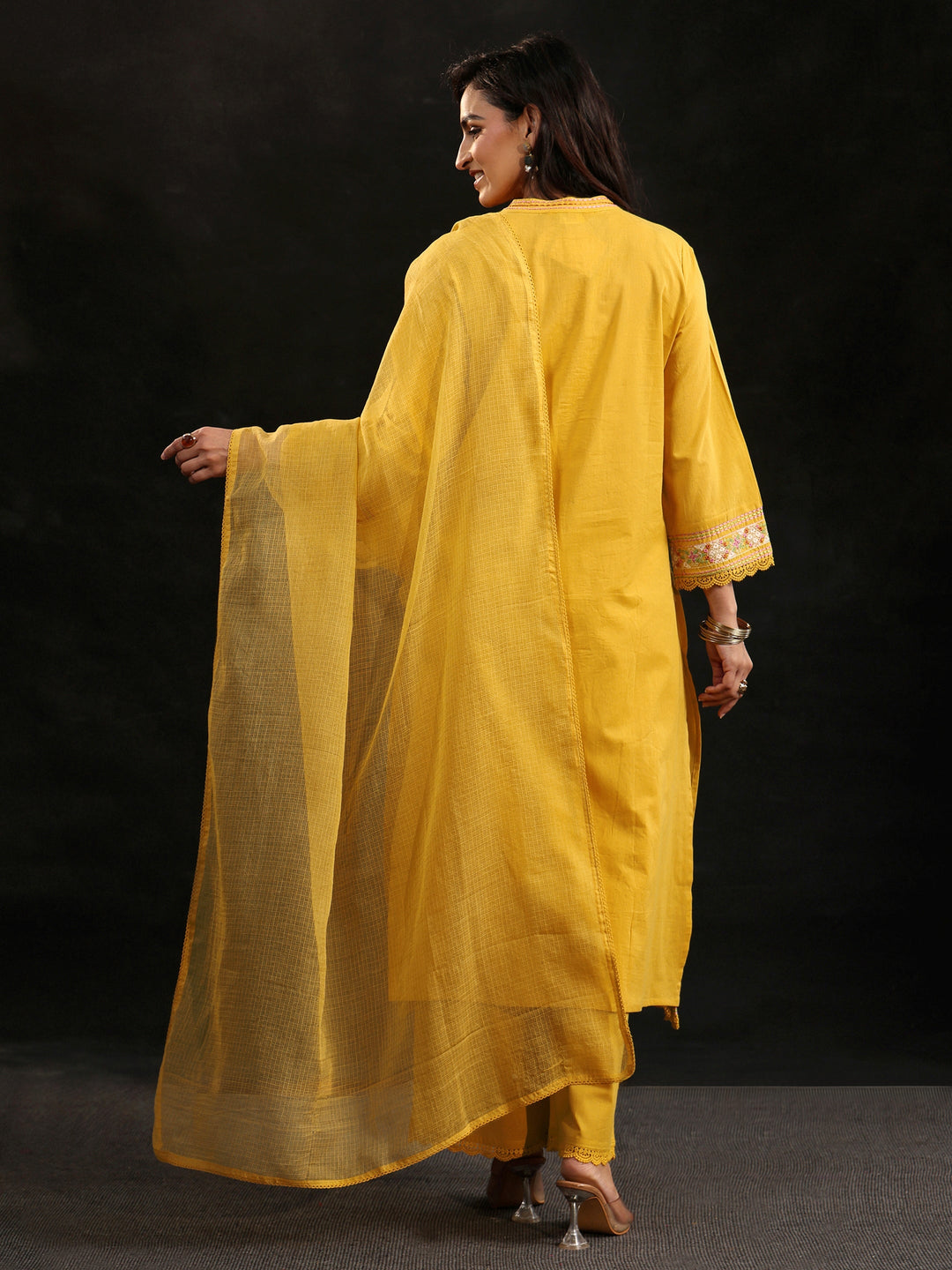 Libas Mustard Floral Embroidered Cotton Straight Suit Set