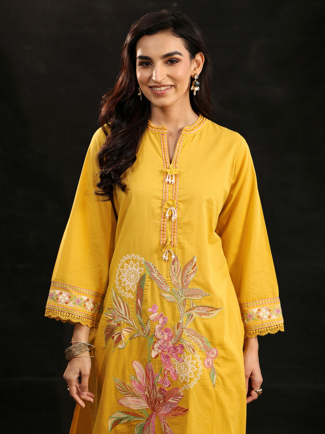 Libas Mustard Floral Embroidered Cotton Straight Suit Set