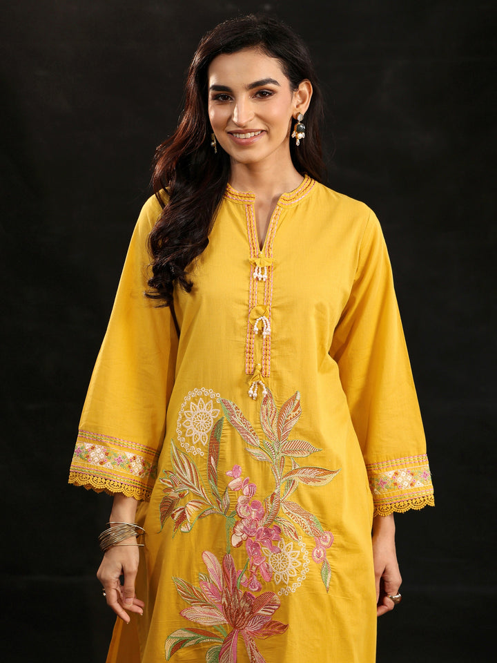 Libas Mustard Floral Embroidered Cotton Straight Suit Set