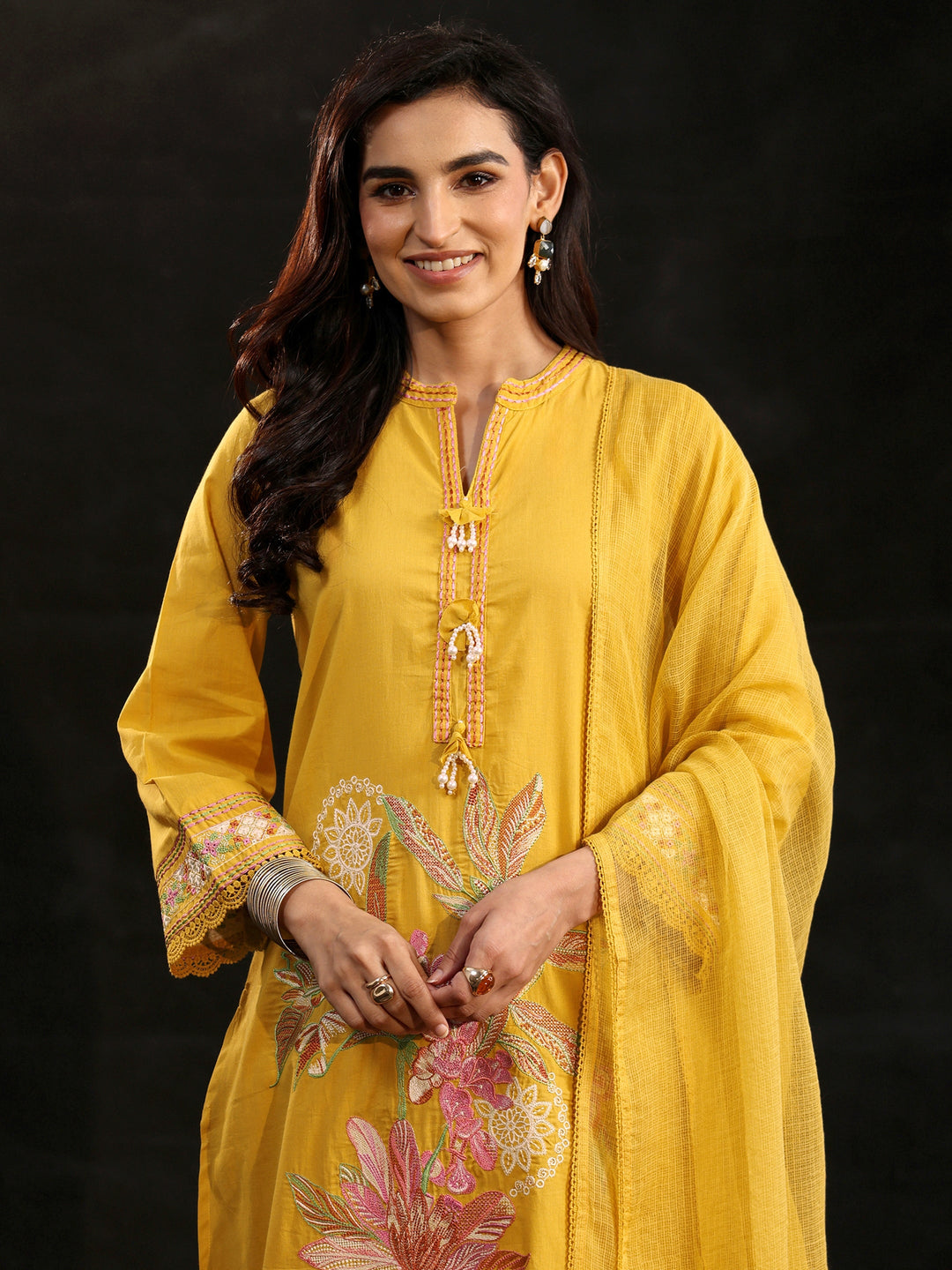 Libas Mustard Floral Embroidered Cotton Straight Suit Set