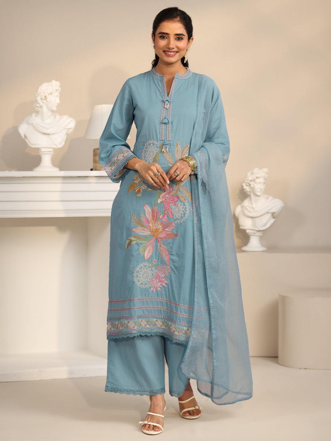Libas Cornflower Blue Floral Embroidered Cotton Straight Suit Set