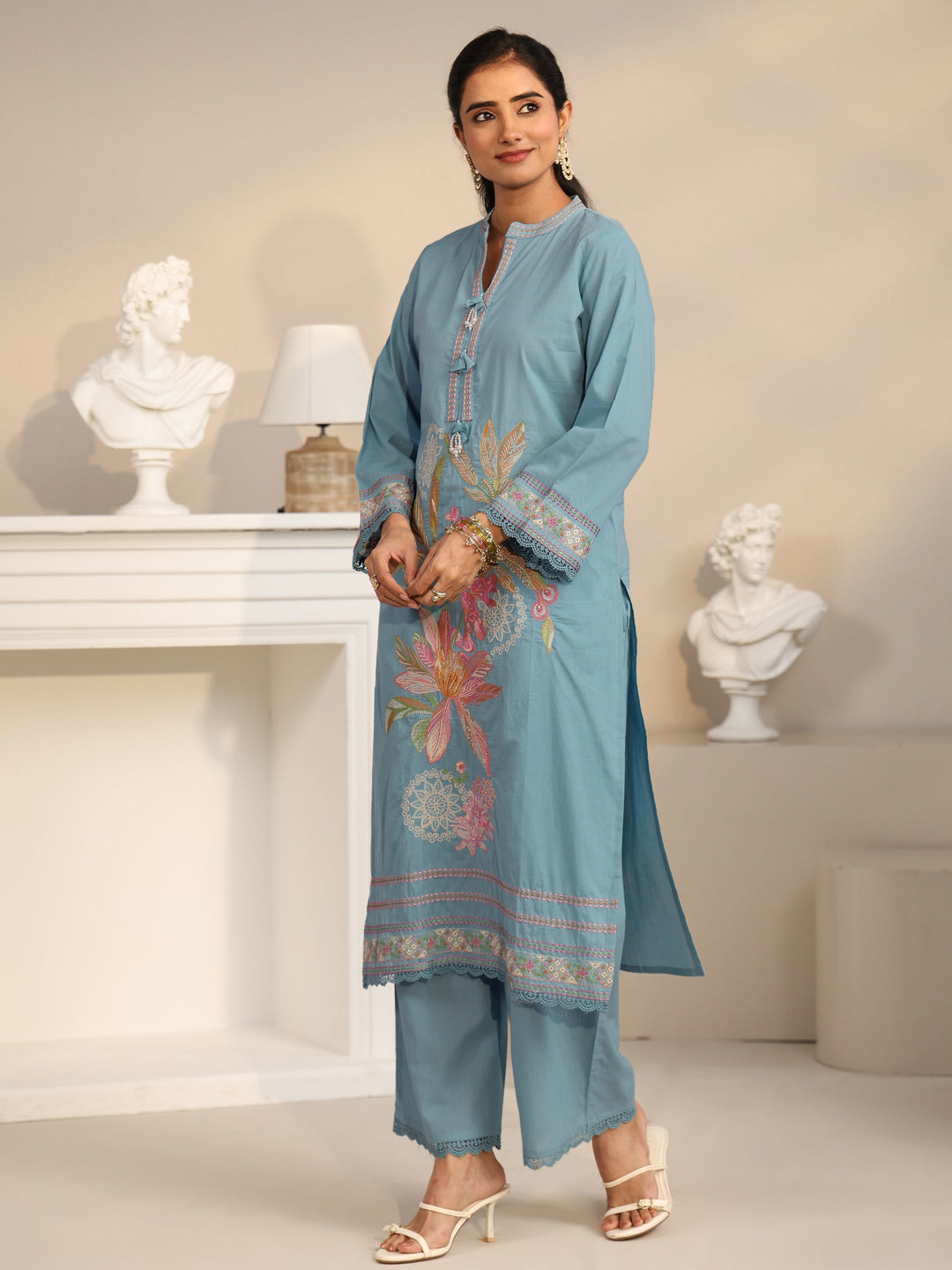 Libas Cornflower Blue Floral Embroidered Cotton Straight Suit Set