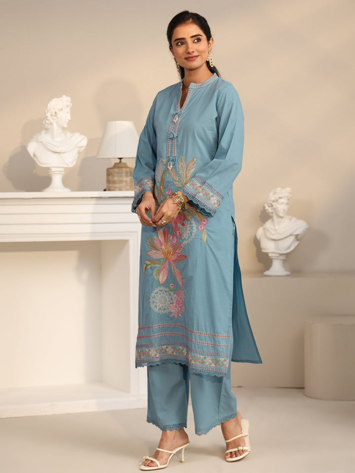 Libas Cornflower Blue Floral Embroidered Cotton Straight Suit Set