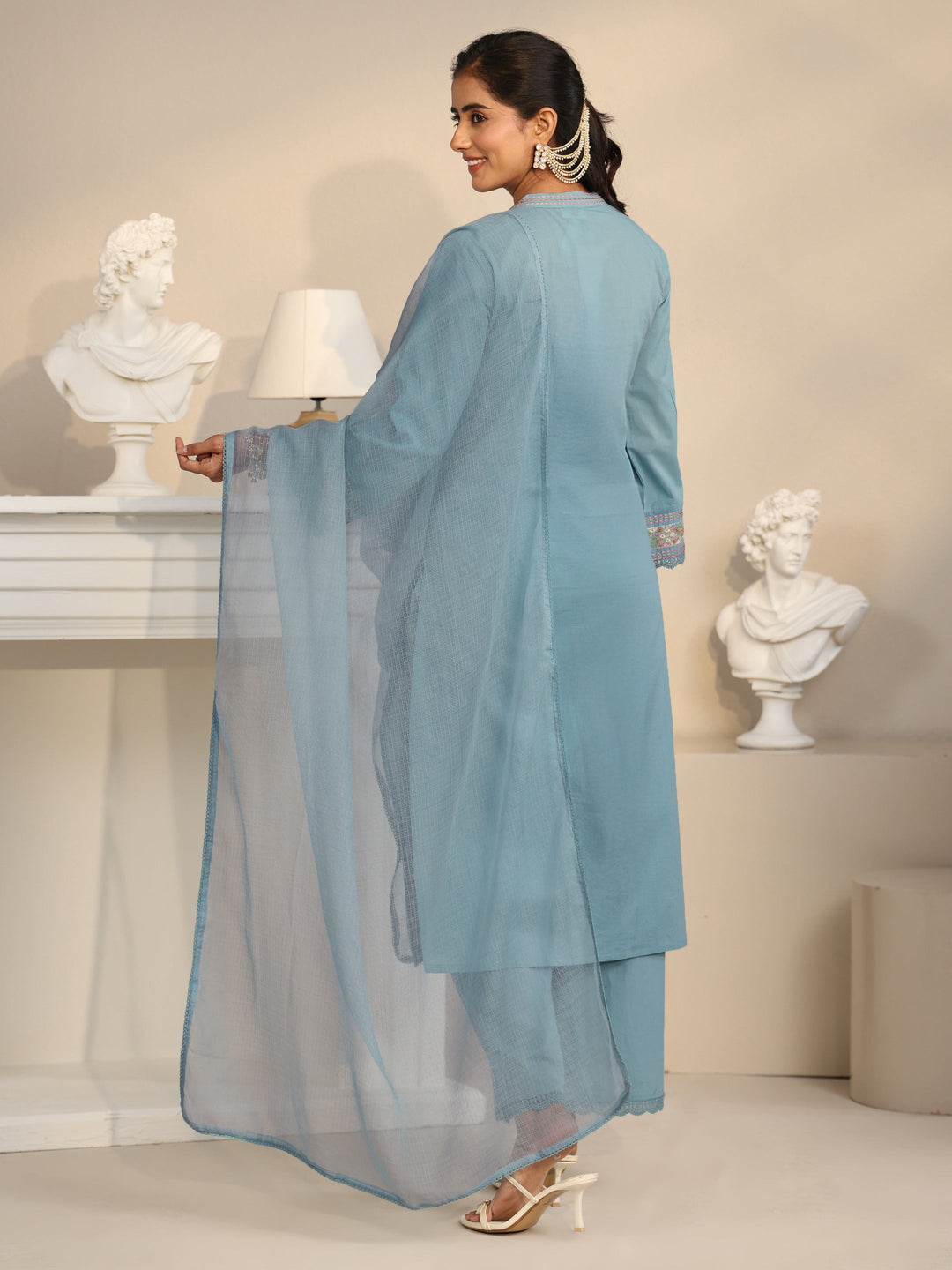 Libas Cornflower Blue Floral Embroidered Cotton Straight Suit Set