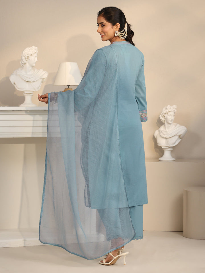 Libas Cornflower Blue Floral Embroidered Cotton Straight Suit Set