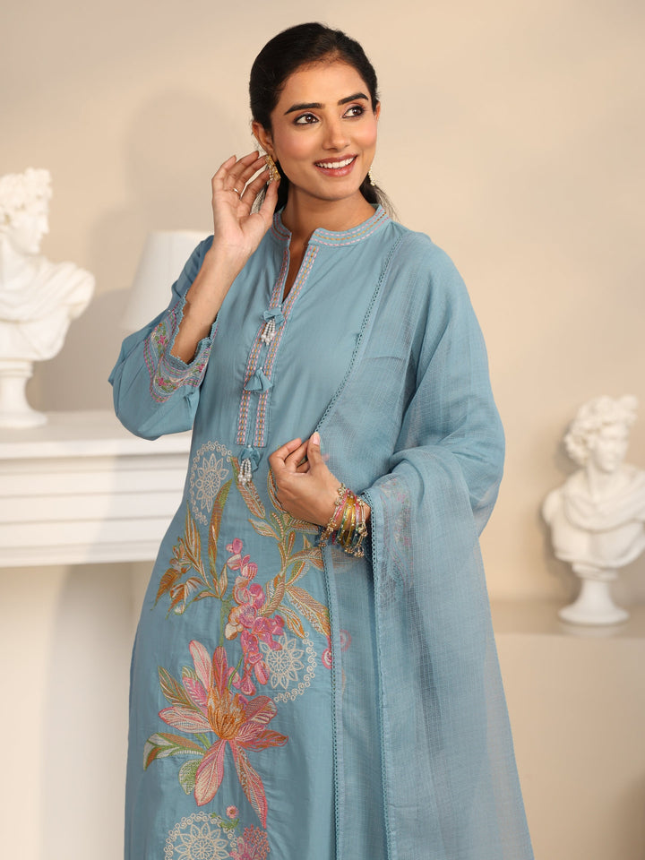 Libas Cornflower Blue Floral Embroidered Cotton Straight Suit Set