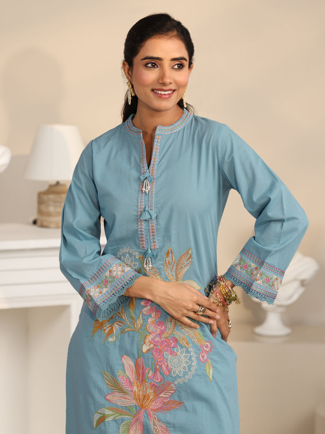 Libas Cornflower Blue Floral Embroidered Cotton Straight Suit Set