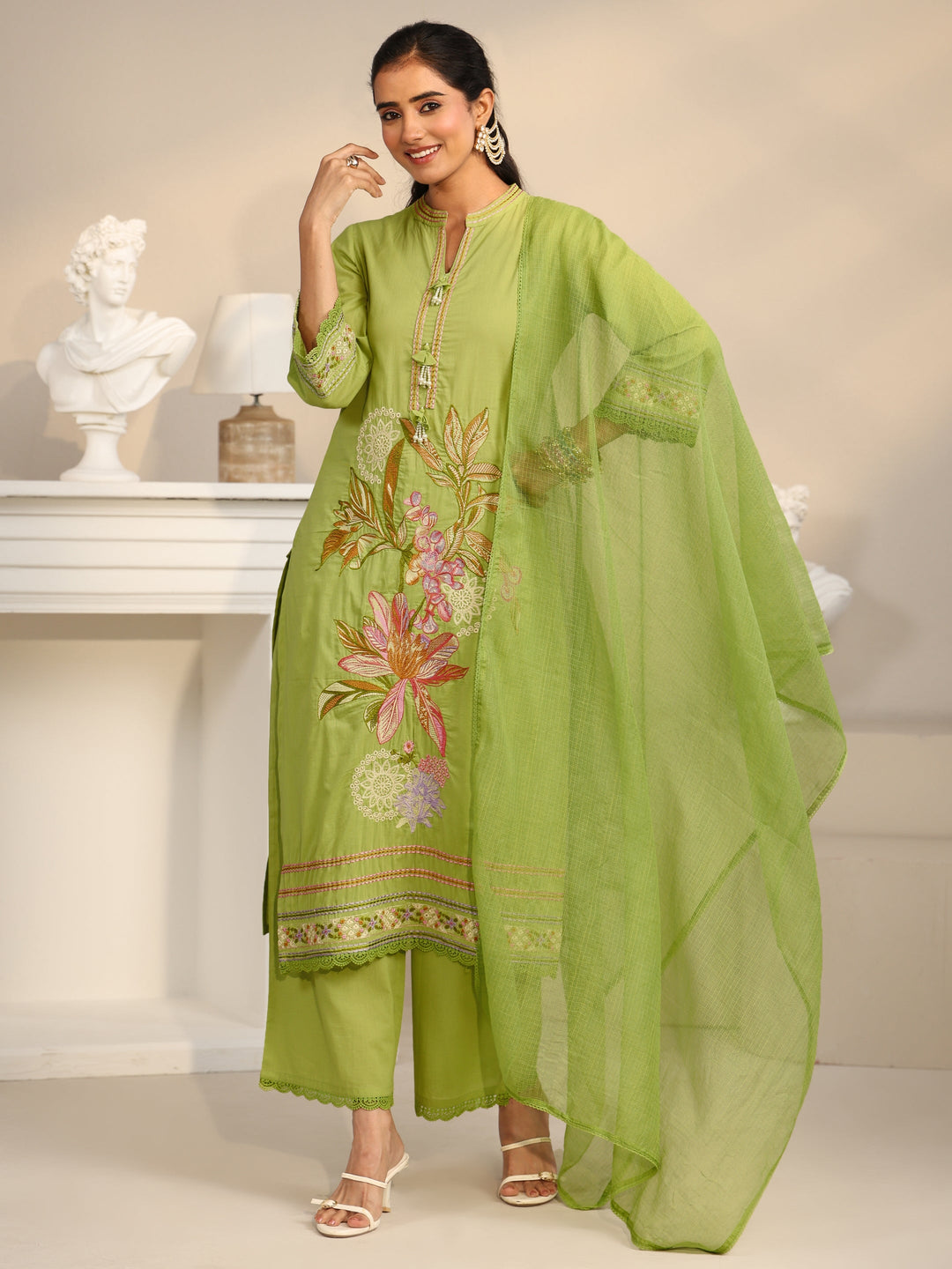 Libas Lime Green Floral Embroidered Cotton Straight Suit Set