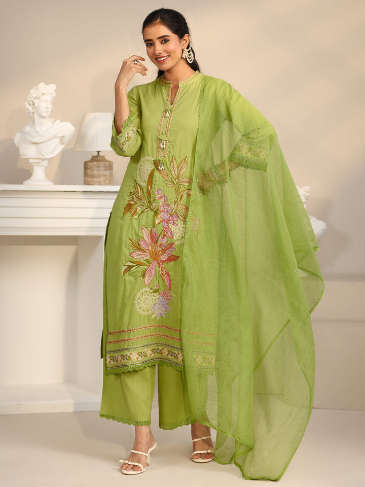 Libas Lime Green Floral Embroidered Cotton Straight Suit Set