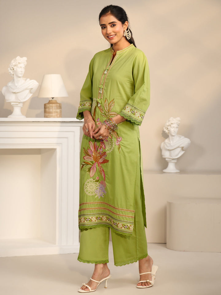 Libas Lime Green Floral Embroidered Cotton Straight Suit Set