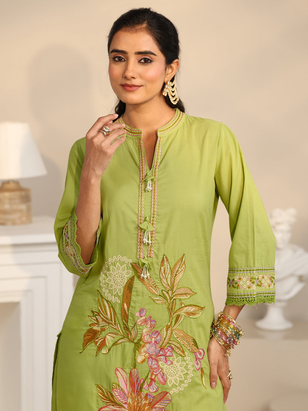 Libas Lime Green Floral Embroidered Cotton Straight Suit Set