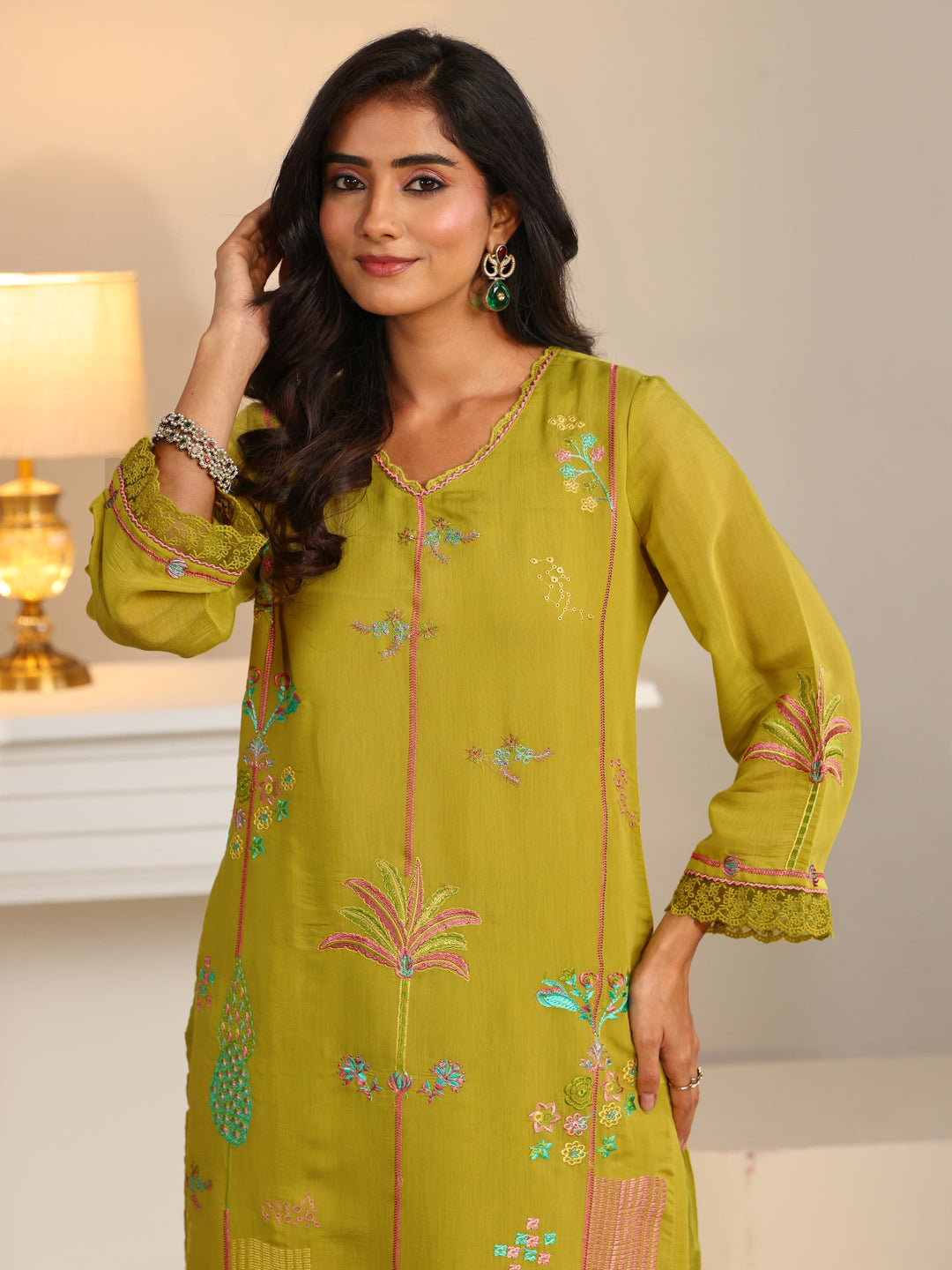Libas Olive Green Floral Embroidered Chanderi Cotton Straight Suit Set