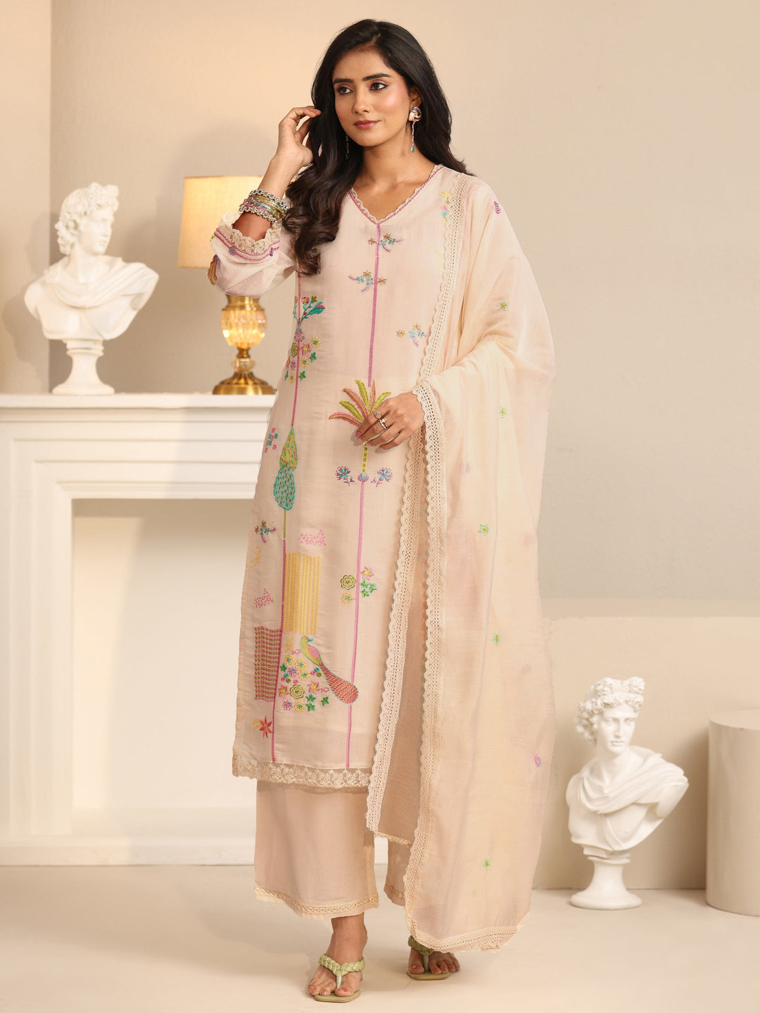 Libas White Floral Embroidered Chanderi Cotton Straight Suit Set