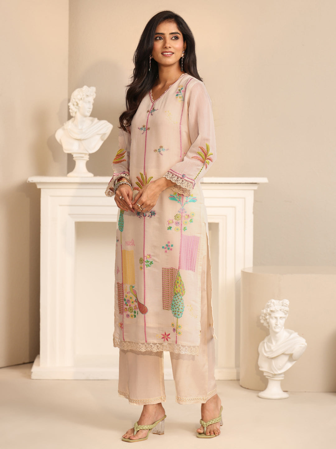 Libas White Floral Embroidered Chanderi Cotton Straight Suit Set