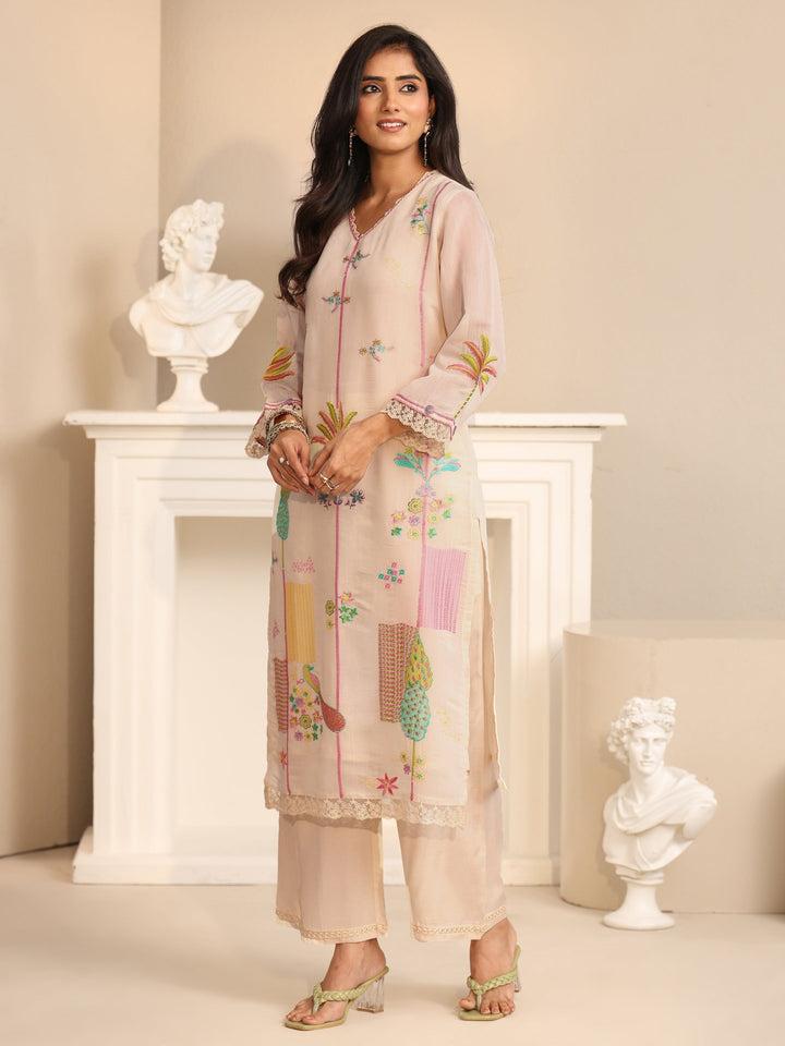 Libas White Floral Embroidered Chanderi Cotton Straight Suit Set