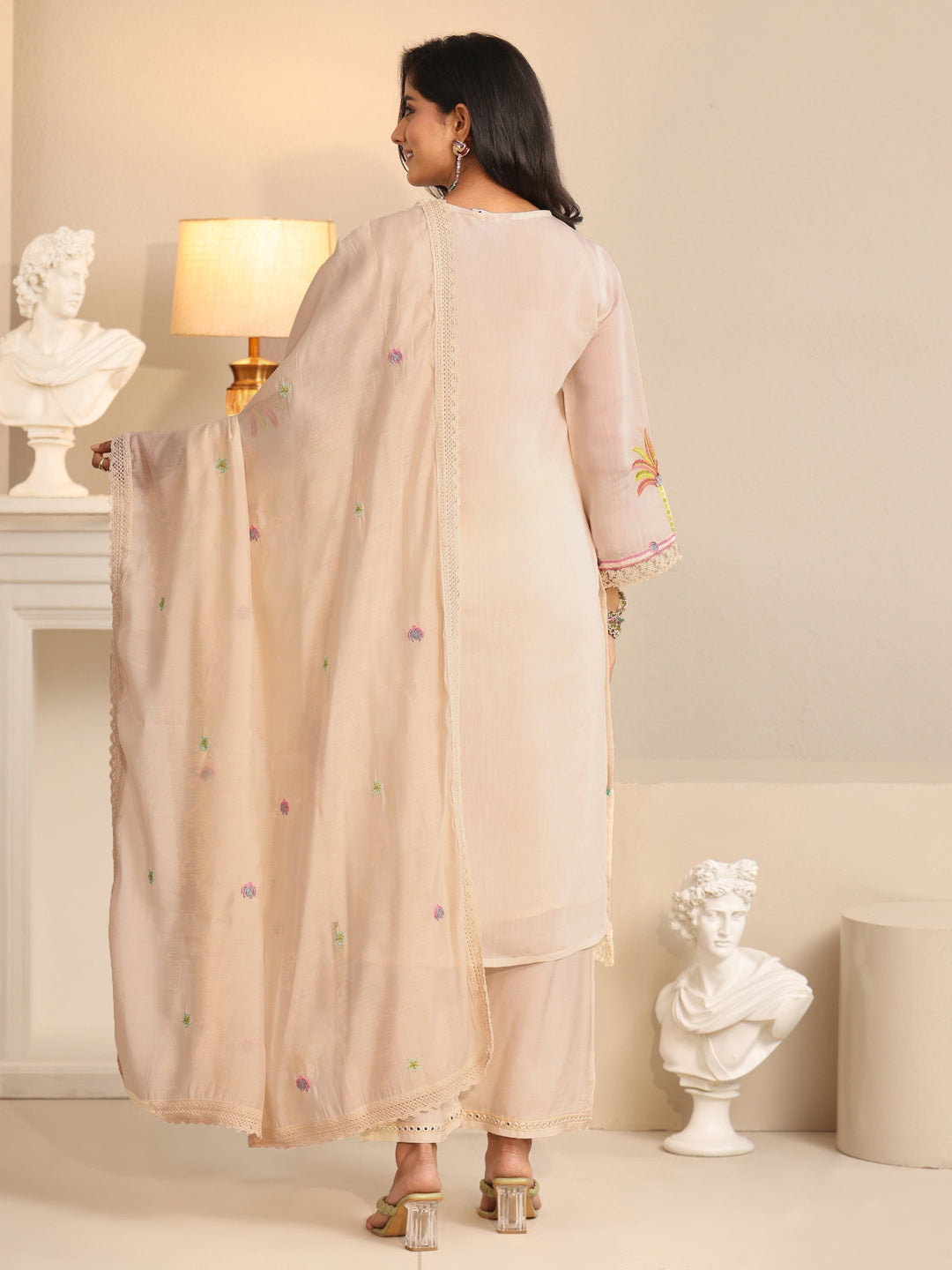 Libas White Floral Embroidered Chanderi Cotton Straight Suit Set