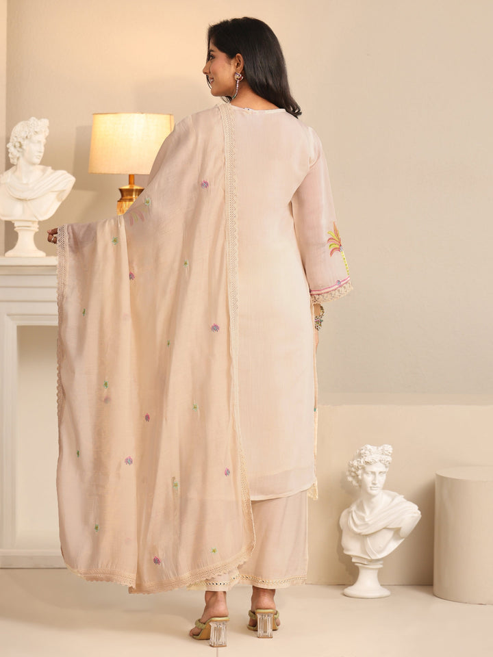 Libas White Floral Embroidered Chanderi Cotton Straight Suit Set