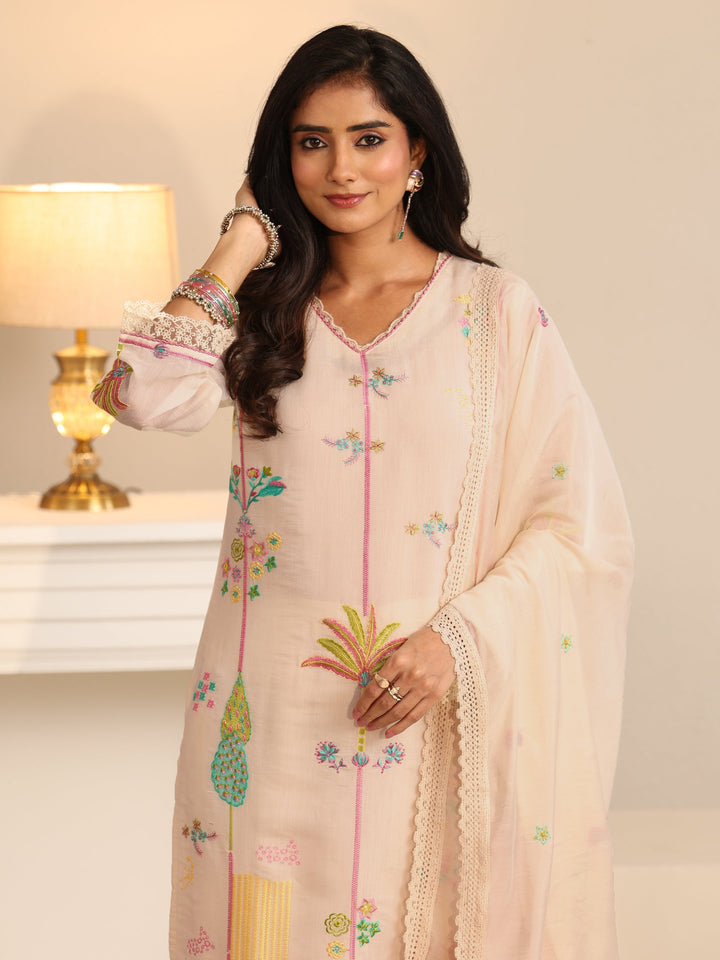 Libas White Floral Embroidered Chanderi Cotton Straight Suit Set
