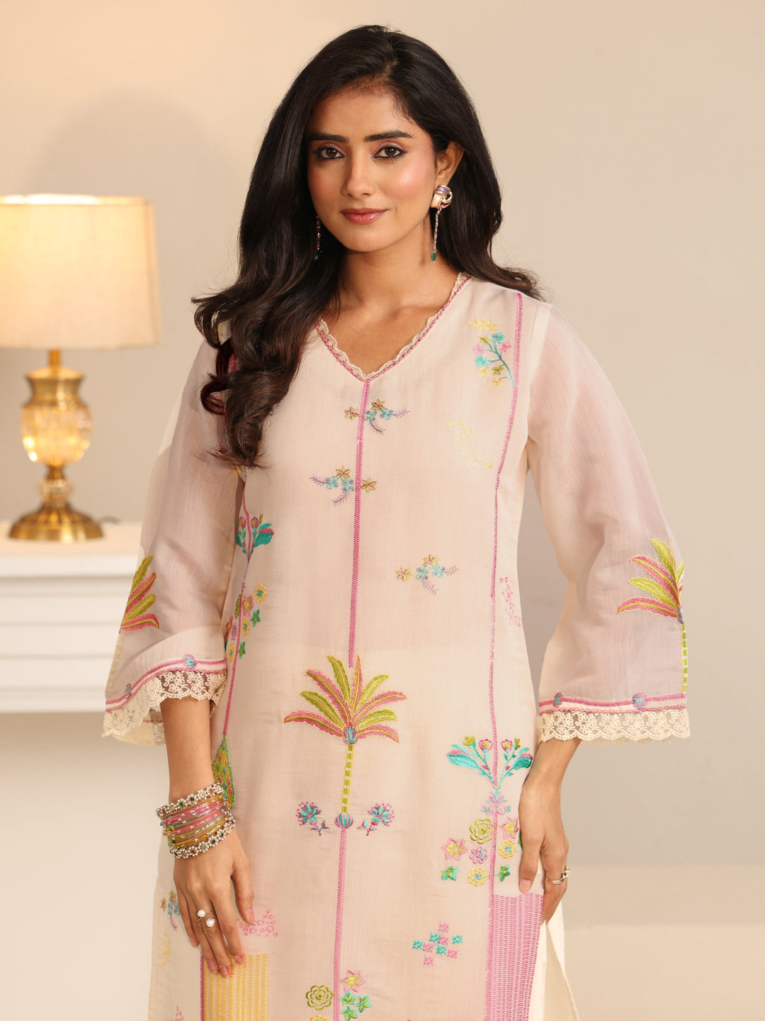 Libas White Floral Embroidered Chanderi Cotton Straight Suit Set