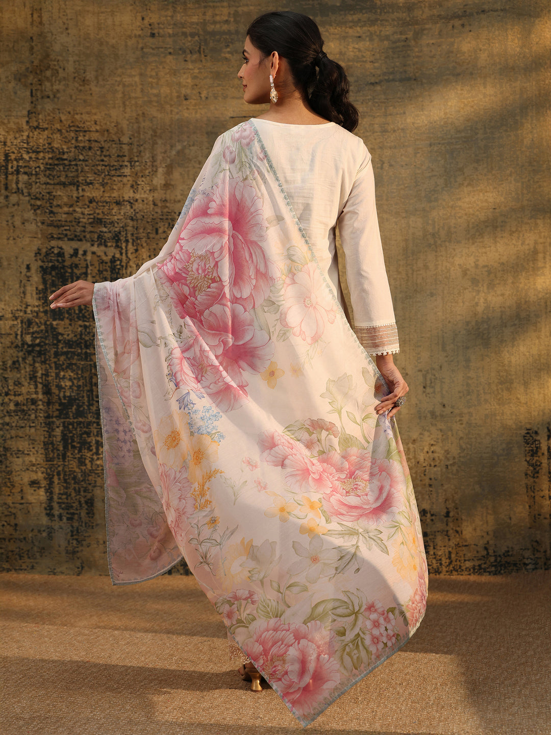 Libas Ivory Embroidered Cotton Short Kurta Pant Suit Set