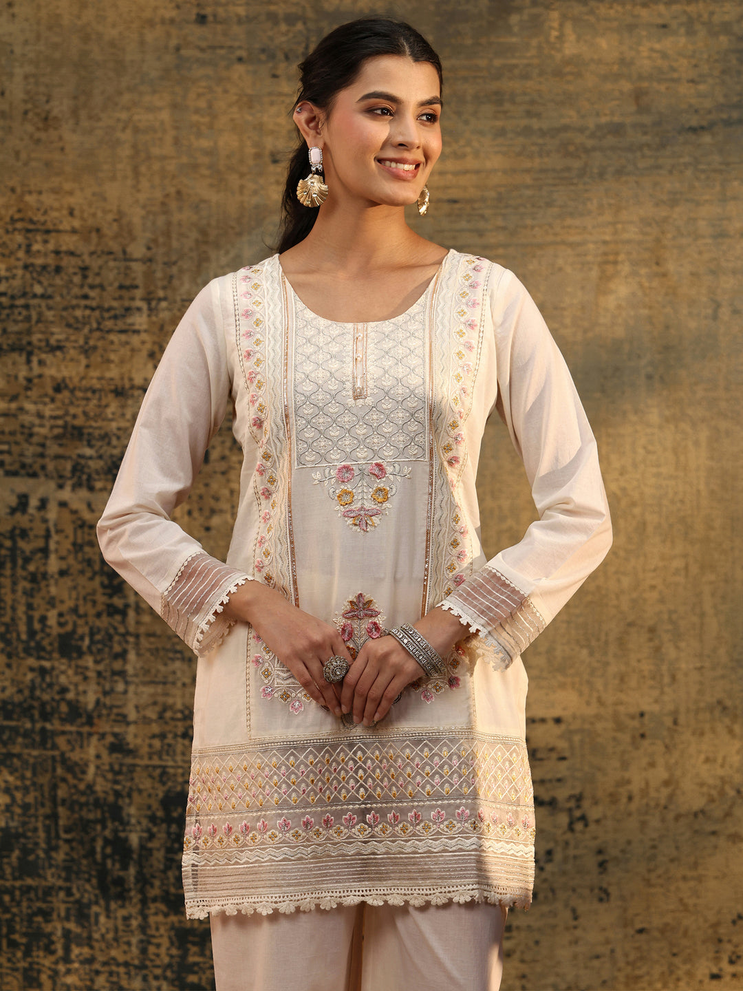 Libas Ivory Embroidered Cotton Short Kurta Pant Suit Set