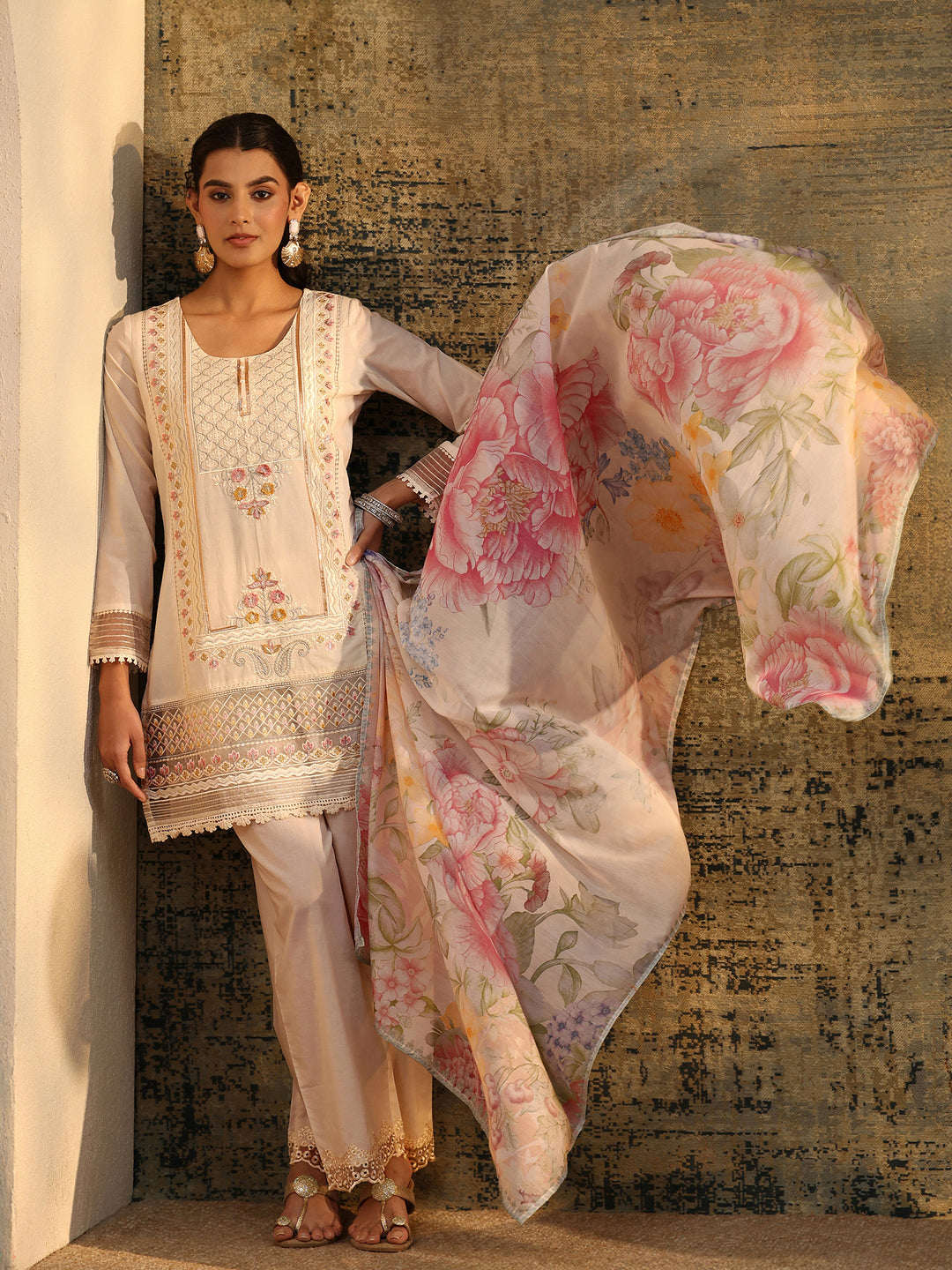 Libas Ivory Embroidered Cotton Short Kurta Pant Suit Set